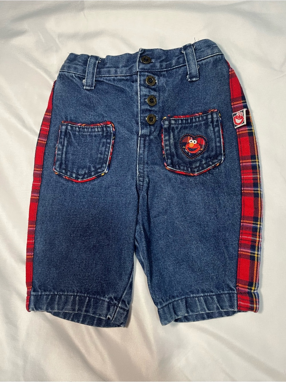 VTG Sesame Street Denim Jeans 18M  Plaid Elmo Heart Patch Pocket